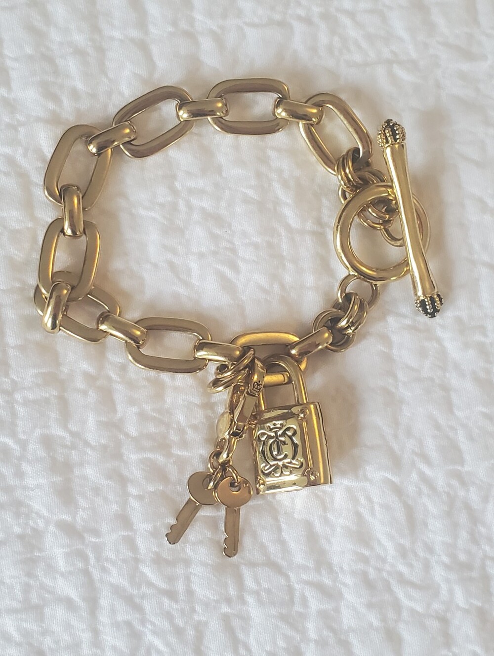 Vintage Juicy Couture Gold-tone Link Charm Bracelet with Padlock and Keys Y2K